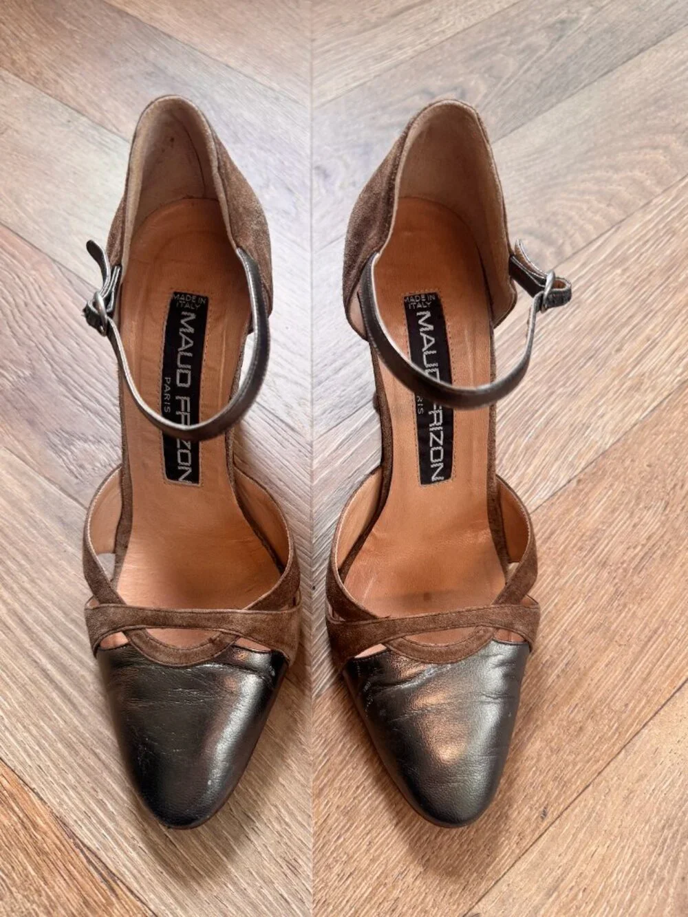 Maud Frizon Paris Vintage Suede D'Orsay Heels Metallic Toe 37